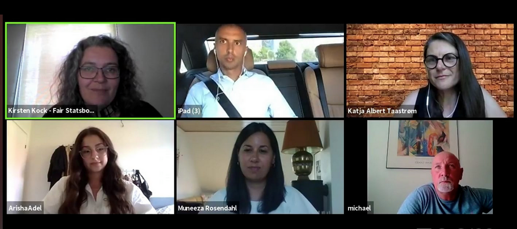 Skærmbillede af mødet med Mattias Tesfaye, forkvinden for Fair Statsborgerskab Kirsten Kock, og andre deltagere