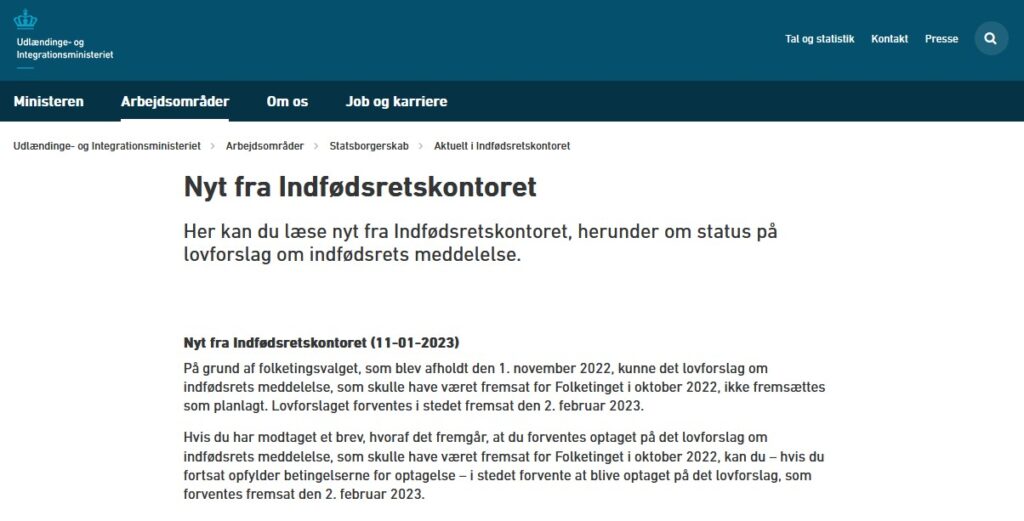 Skærmbillede af Udlændinge- og Integrationsministeriets hjemmeside "Aktuelt i indfødsretskontoret" side