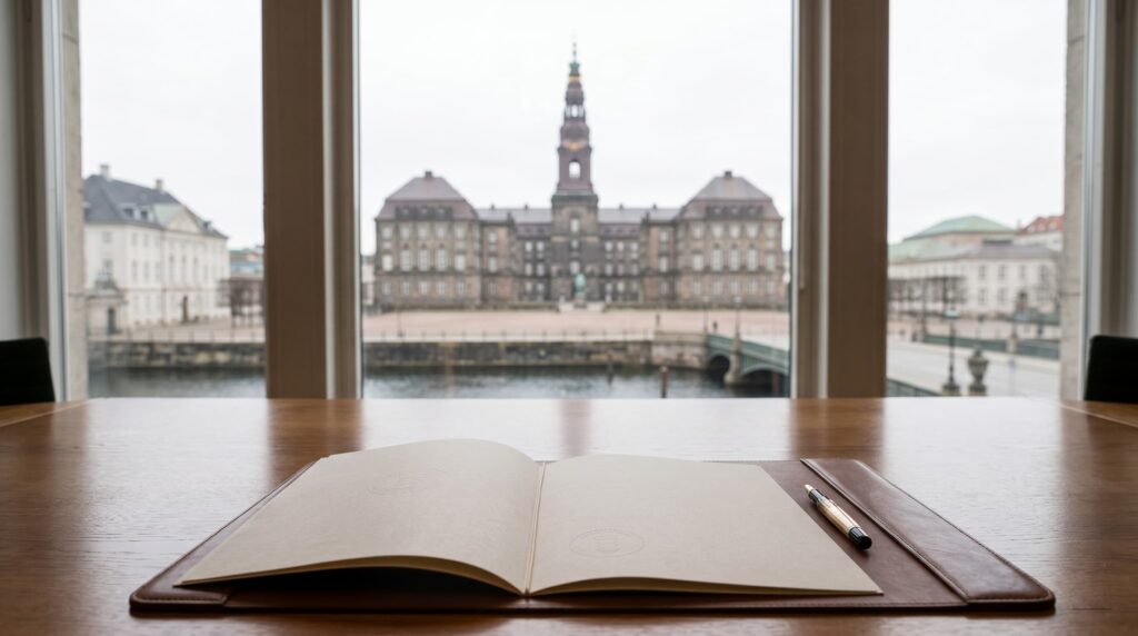 Et åbent, blankt dokument og en pen ligger på et skrivebord. Gennem vinduet i baggrunden anes Christiansborg Slot i blødt fokus.