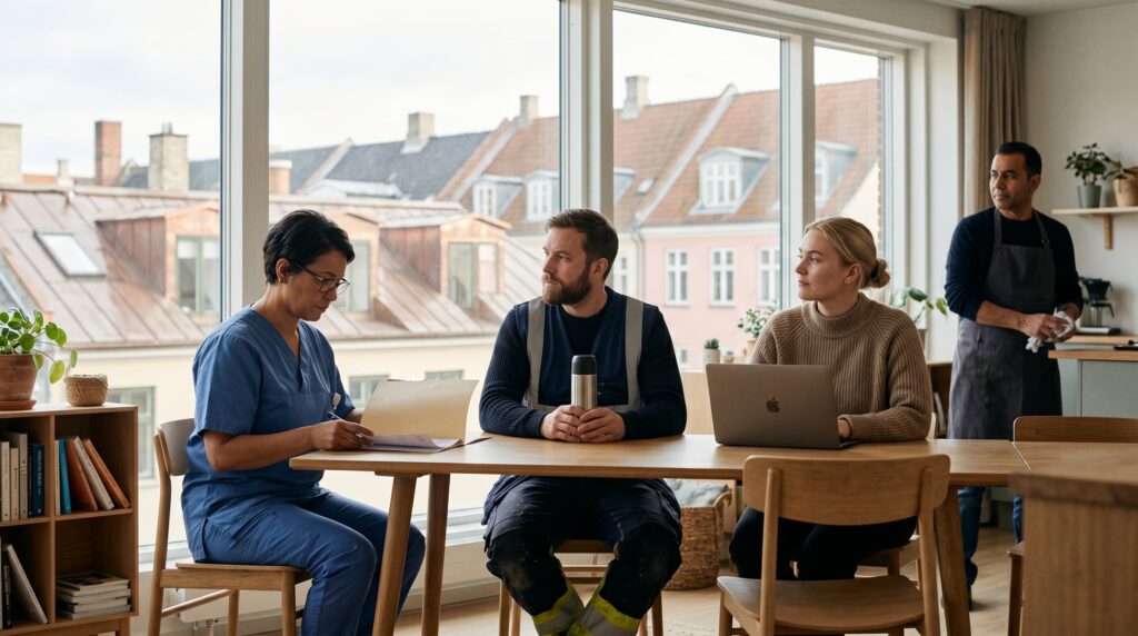 Collage af arbejdende voksne i typiske danske arbejdsmiljøer: en sundhedsmedarbejder, en håndværker og en kontormedarbejder fotograferet i naturligt dagslys med skandinavisk arkitektur i baggrunden.